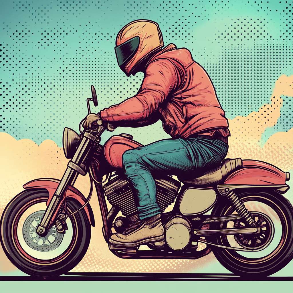 Vintage comic book style, muscular man riding a Harley-Davidson, cartoonish oversized head (like 'The Mask' movie), wearing a leather biker jacket, AJ11 'Concord' sneakers, smoke and speed lines background, halftone dots texture, 90s hip-hop vibe." --ar 1:1 --v 6.1 --stylize 100 --fast