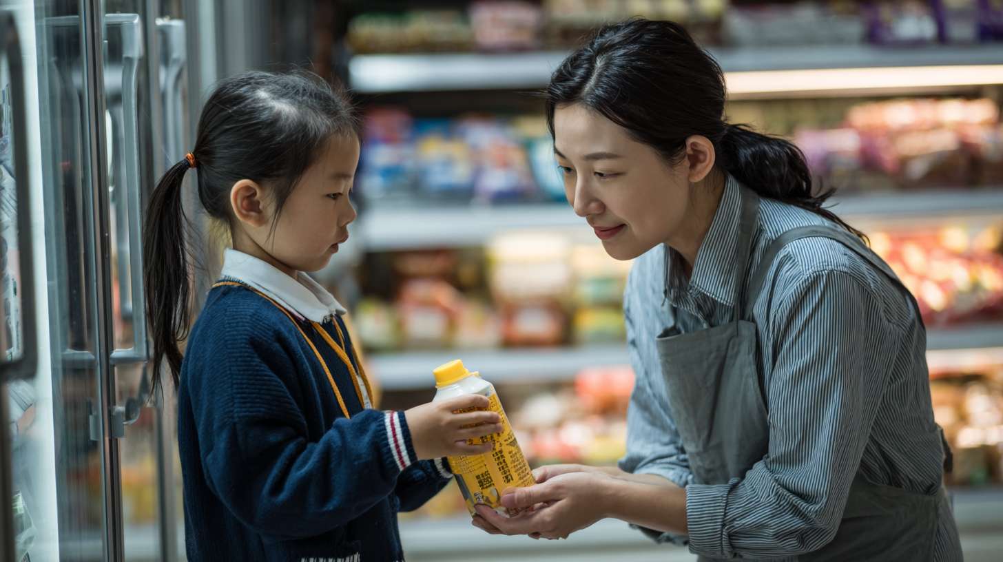 . 女孩、便利店老板娘
• 地点：清晨的便利店
• 事件：穿校服的女孩因钱不够在冰柜前犹豫，40 + 岁系围裙的老板娘察觉后，默默拿起一瓶热牛奶拧开递上，女孩接下牛奶。 --ar 16:9 --v 7 --stylize 100 --fast --no 水印