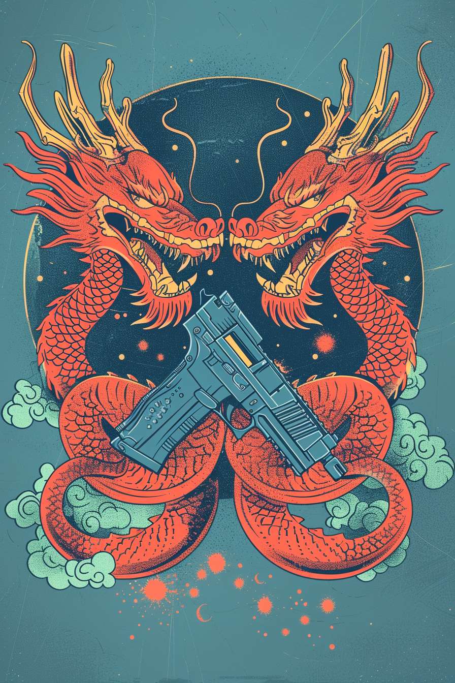 ### **命令1:核心图腾对撞版**(适合前胸大图)
```prompt
T-shirt design front, Chinese dragon king and Thailand naga snake facing each other, crossed IPSC pistols between them, blue cyan gradient background with glowing particles, silk screen print style, flat vector illustration, bold outlines, cultural fusion art --ar 2:3 --v 6 --style raw --stylize 100 --fast