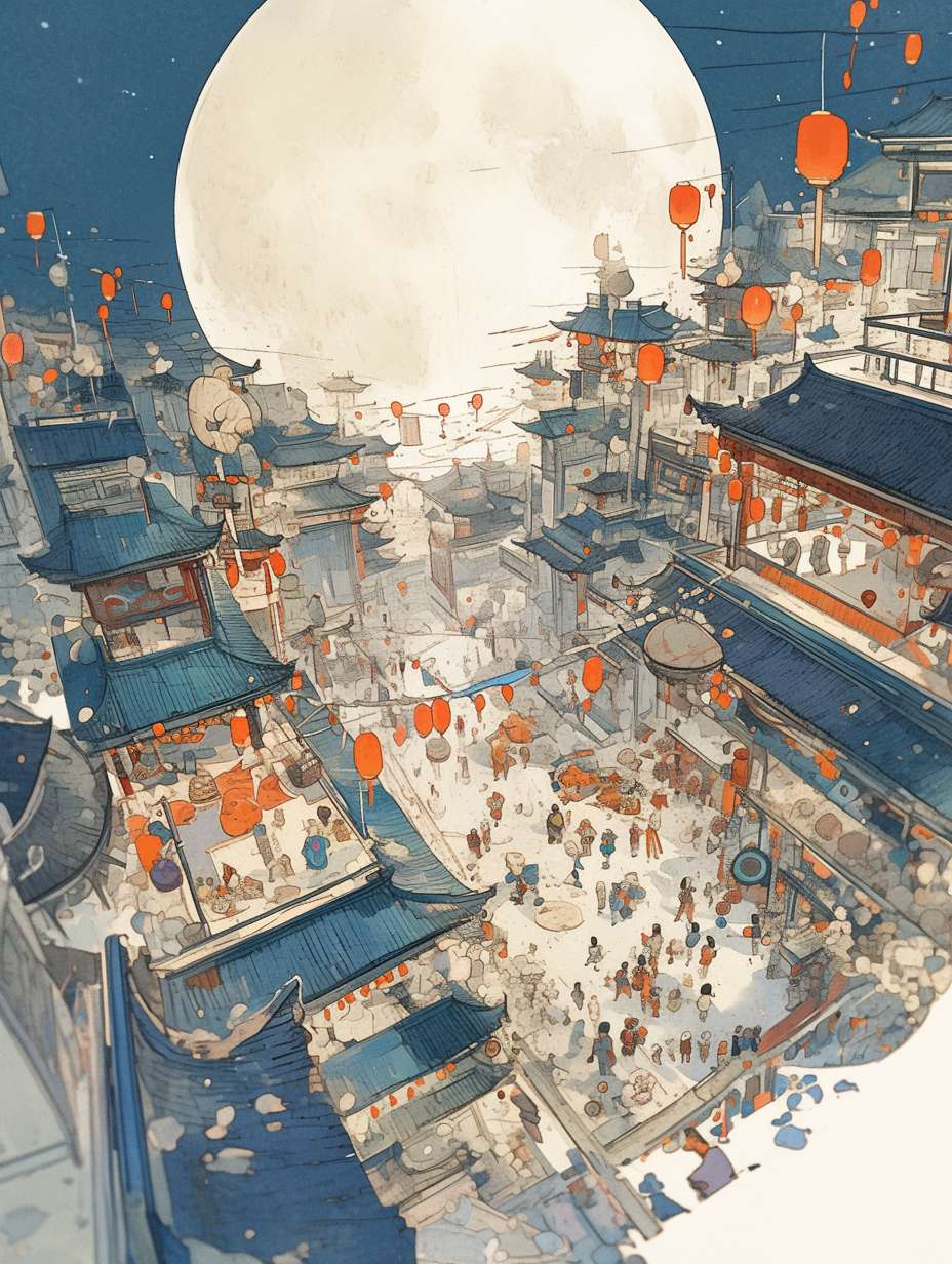 The background of the picture is a huge moon, and several children are playing with lanterns. The atmosphere is festive, and the moon is drawn with complex linear colored lines. The illustration is drawn with flat style colored lines, with red as the main color. It is an imaginative illustration, looking down from the sky,, 64K, --ar 3:4 --stylize 1000 --fast --niji 6