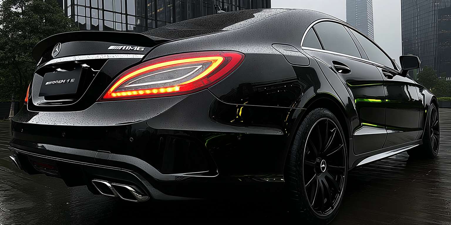 暗黑雨夜，2015款梅赛德斯-AMG CLS 63 S 4MATIC，曜石黑车身近乎隐于黑暗，唯有车尾两盏猩红色LED尾灯如恶魔之眼撕裂夜幕。倾盆大雨中，8K超清镜头捕捉：车顶、引擎盖、腰线布满晶莹雨珠，尾灯光束在湿滑柏油路面拉出血色倒影，四出排气弥漫低温白雾。背景为冷峻都市摩天楼剪影，霓虹光晕在雨帘中晕染。摄影风格：索尼A7S III拍摄，f/1.2大光圈浅景深，电影感暗调光影，赛博朋克红黑视觉冲击。 --ar 2:1 --v 7 --stylize 100 --fast --sref https://img-xpc-mj0.xpccdn.com/prod/txt2img/0c18d1d1-15f2-4ab7-9a62-66b802f929ae/e777a6e9-05da-4004-a17e-915ff825a088_0_1.png~tplv-5yakomv5zn-auto-v1%3A1024%3A0%3Aq75.jpg --sw 1000 --no 水印