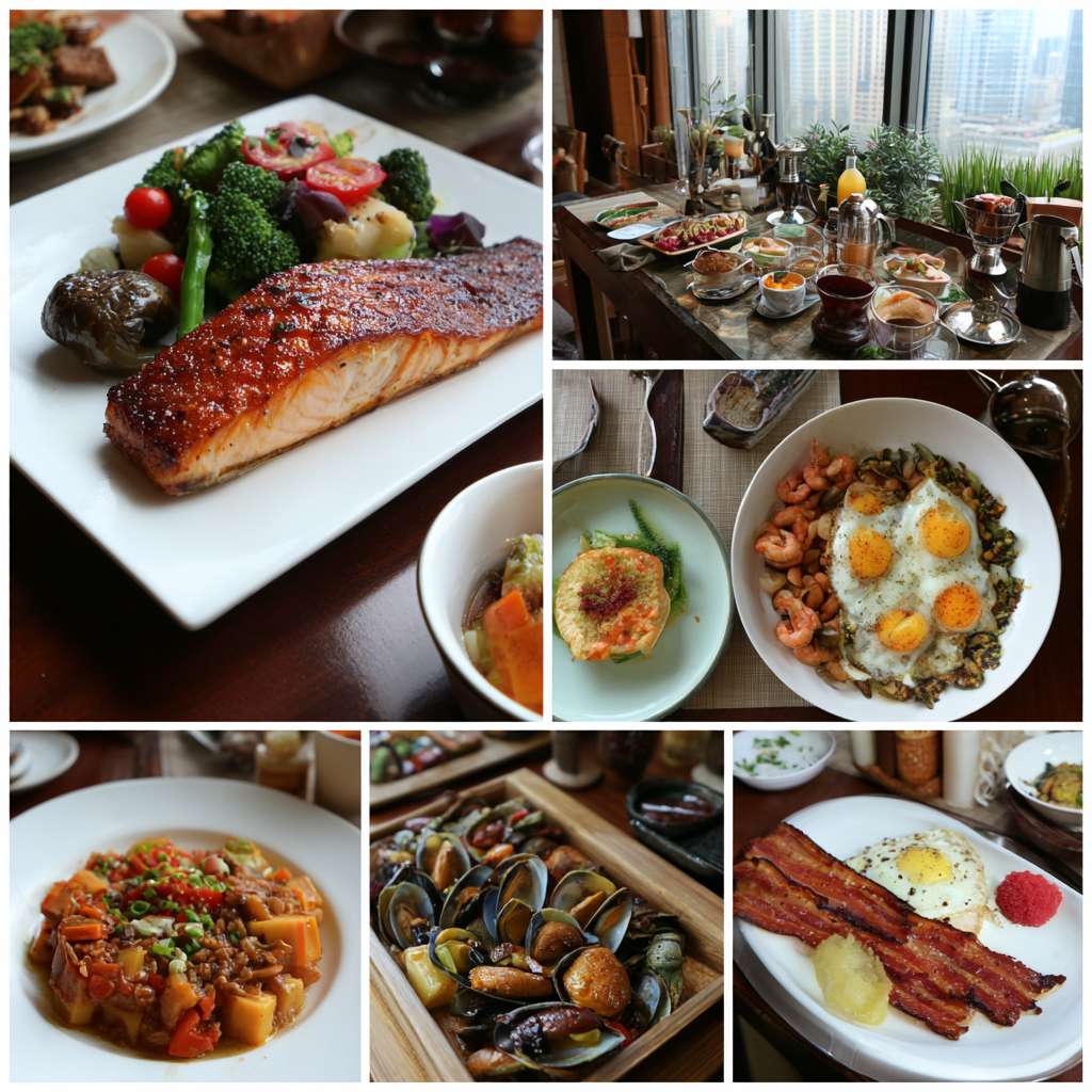 帮我做五张汉庭真实酒店餐厅早餐宣传实拍照片 --ar 1:1 --v 7 --stylize 100 --fast --no 水印