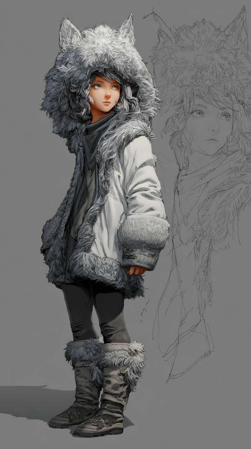3d,Full-length character drawing,A girl with a wolf skin hood --ar 9:16 --v 7 --stylize 100 --fast