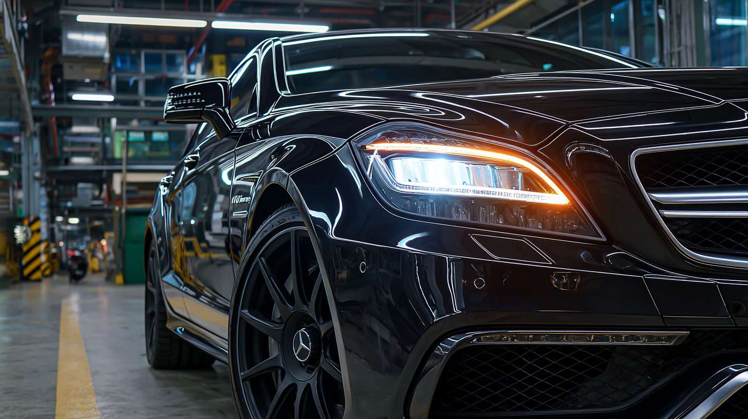 生成黑色车漆AMG CLS 63 S的震撼展厅主图，亮起尾灯 --ar 16:9 --v 7 --stylize 100 --fast --no 水印