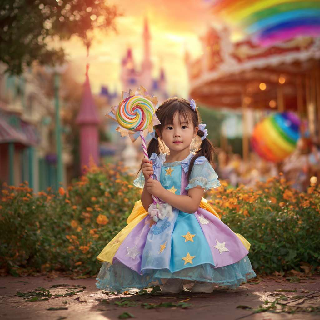 一个中国小女孩穿着魔法公主裙，手持星星魔法棒，站在充满童话色彩的欧洲风格小镇广场，周围有旋转木马和喷水池，彩虹在天空绽放，柔光效果，宫崎骏动画风格，梦幻色彩。小女孩在花丛中给兔子戴花环，阳光透过树叶形成光斑，童话1. 一个小女孩蹲在玩具摊前，手里拿着风车，眼睛亮晶晶的。她穿着星星图案的裙子，扎着两个小辫子，背景是游乐场和糖果店。
2. 夕阳下的游乐场披着金色光芒，扎着双马尾的小女孩蹲在五彩斑斓的玩具摊前。她举着旋转的彩虹风车，圆溜溜的眼睛像星星般发亮。蓬蓬的星星裙摆铺在草地上，身边散落着亮晶晶的弹力球和彩虹蜡笔。远处冰淇淋车飘来粉色的云朵，她的嘴角还沾着草莓酱。
3. 暖金色的夕阳光晕里，小女孩像发现宝藏般蹲在梦幻的玩具摊前。七彩风车在她手中欢快旋转，映得琥珀色的眼眸比星星还亮。缀着铃铛的星星裙摆像花瓣铺开，散落在身边的彩虹蜡笔正在草地上画出细碎的光斑。她微微张着嘴看向镜头，脸颊沾着草莓酱的痕迹，身后漂浮着棉花糖云朵和闪着微光的泡泡。玩具摊老板的影子在夕阳下拉长成童话里魔法爷爷的模样，整个画面仿佛下一秒就会响起八音盒的叮咚声。
4.漂浮的泡泡映出整个游乐园的倒影，棉花糖云朵拖着糖丝飘向湛蓝的天空。玩具摊的玻璃罐里装着会发光的星星糖，木质货架上垂下的彩带在微风里轻摇。 --ar 1:1 --v 7 --stylize 100 --fast --no 水印