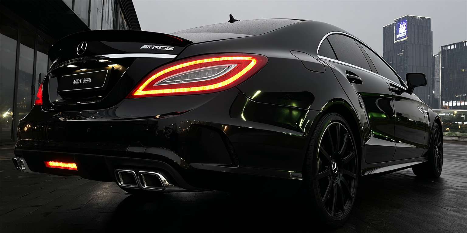 暗黑雨夜，2015款梅赛德斯-AMG CLS 63 S 4MATIC，曜石黑车身近乎隐于黑暗，唯有车尾两盏猩红色LED尾灯如恶魔之眼撕裂夜幕。倾盆大雨中，8K超清镜头捕捉：车顶、引擎盖、腰线布满晶莹雨珠，尾灯光束在湿滑柏油路面拉出血色倒影，四出排气弥漫低温白雾。背景为冷峻都市摩天楼剪影，霓虹光晕在雨帘中晕染。摄影风格：索尼A7S III拍摄，f/1.2大光圈浅景深，电影感暗调光影，赛博朋克红黑视觉冲击。 --ar 2:1 --v 7 --stylize 100 --fast --sref https://img-xpc-mj0.xpccdn.com/prod/txt2img/0c18d1d1-15f2-4ab7-9a62-66b802f929ae/e777a6e9-05da-4004-a17e-915ff825a088_0_1.png~tplv-5yakomv5zn-auto-v1%3A1024%3A0%3Aq75.jpg --sw 1000 --no 水印