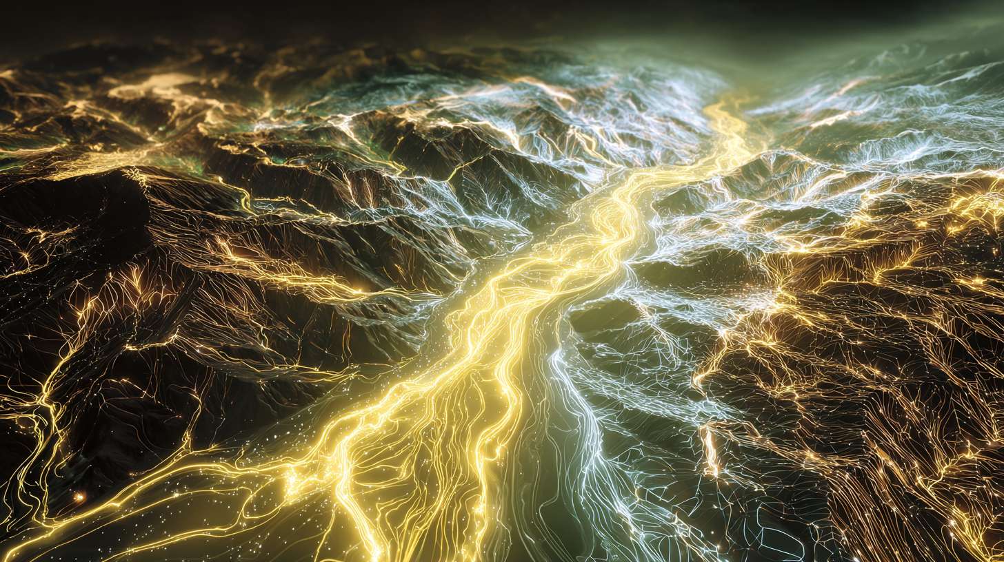 AI画面关键词:
a powerful yellow river flows through canyons like a golden dragon, rushing towards the vast sparkling ocean, top-down drone shot, dynamic, particles and light trails, mix of Chinese ink style and digital art, holographic visualization --ar 16:9 --v 7 --stylize 100 --fast --no 水印