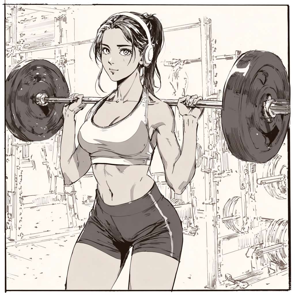 撸铁的女生头像，漫画风格 --ar 1:1 --v 7 --stylize 100 --fast --no 水印