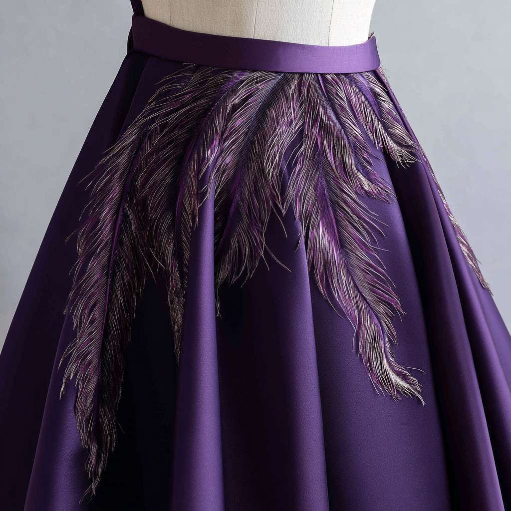 一件带有金属光泽的丁香紫色缎面吊带长裙，裙摆处有精致的羽毛装饰 --ar 1:1 --v 7 --stylize 100 --fast --no 水印