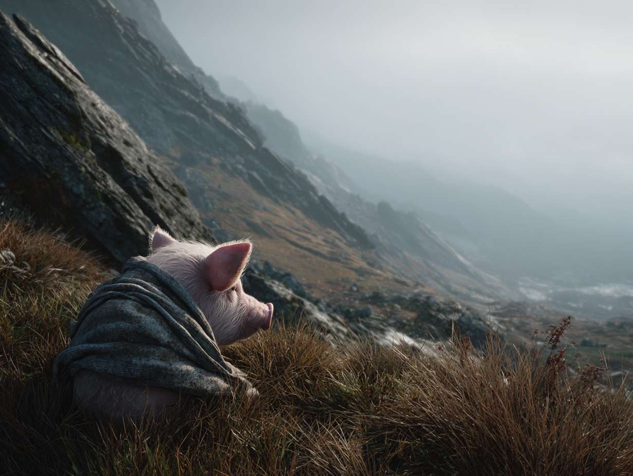 Photorealistic cinematic image，A pale pink pig on the grass next to the mountaintop, facing away from the camera,it also it's a scarf around it head, which is partially covering it face, giving her a mysterious look.Overall, these images convey a sense of desolation and grandeur, possibly telling a story about adventure, and emotional expressions all suggest that this may be a work with a strong narrative and visual impact,with a rocky mountain range behind it, and fog connecting the mountain range, full of warm colors and ultra high definition real materials，Ultra wide view shot， highly detailed photo. --ar 4:3 --v 7 --style raw --stylize 100 --fast