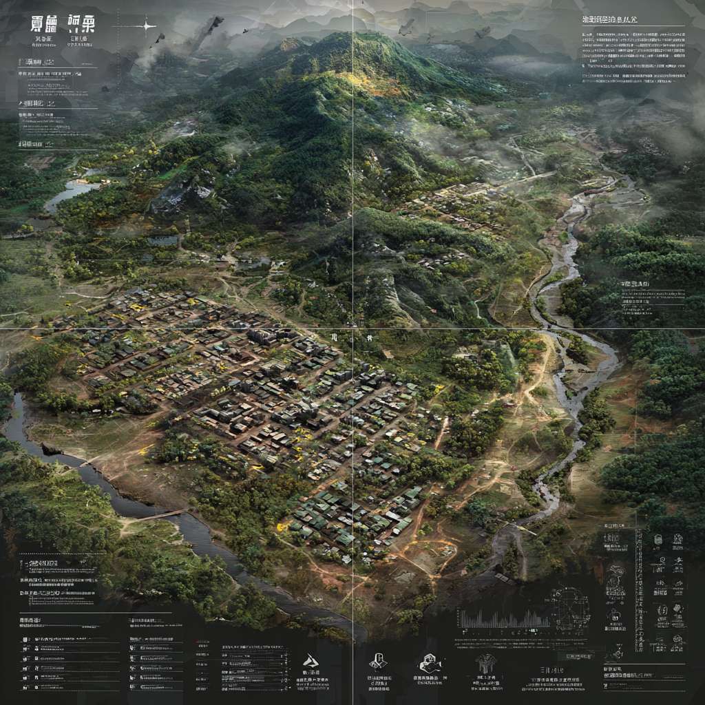 【基础设定升级】
地图范围：从 “梧桐镇核心区” 扩展为 “梧桐镇全域 + 周边卫星区域”（约 20km²），包含 5 大功能区 + 3 个自然屏障，增加探索空间。
比例尺：1:5000（即地图上 1cm = 实际 50 米），可清晰标注单栋建筑、街道细节。
呈现形式：双页对折式地图（左页人类态，右页怪物态），中间加 “融合期过渡示意图”，边缘附势力图例和关键事件标注。 --ar 1:1 --v 7 --stylize 100 --fast --no 水印