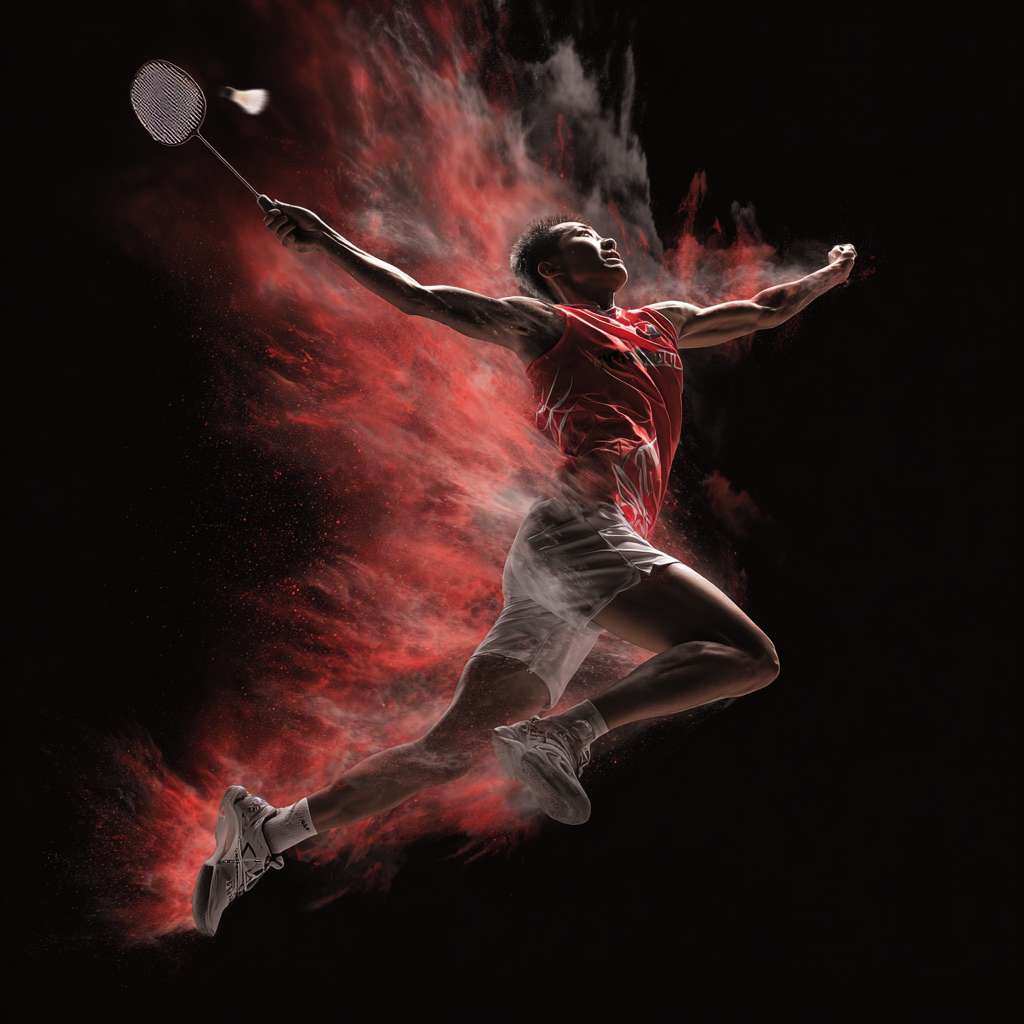 羽毛球杀球的高燃瞬间，激情一些， --ar 1:1 --v 7 --stylize 100 --fast --no 水印