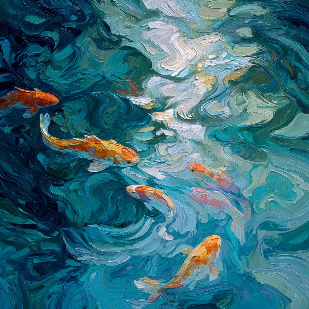 Dreamlike blue water with rippling color and sinuous koi, expressive brushwork capturing motion, oil. --ar 1:1 --v 7 --stylize 100 --fast