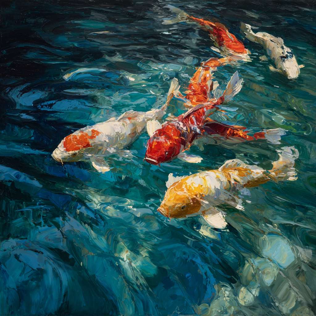 Dreamlike blue water with rippling color and sinuous koi, expressive brushwork capturing motion, oil. --ar 1:1 --v 7 --stylize 100 --fast