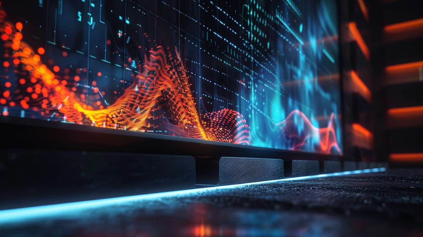 A futuristic projector combined with a Bluetooth speaker, projecting vibrant sound wave visualizations onto a dark wall, glowing blue and orange audio spectrum floating in the air, cinematic lighting, sleek black tech design, 8K ultra-detailed, 3D render --ar 16:9 --v 6 --style raw --stylize 100 --fast