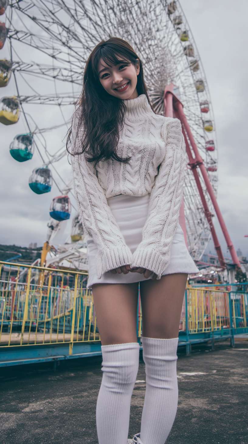 亚洲美少女，可爱，超短裙，高领，无袖，腹肌，短靴，白色过膝长袜，摩天轮，长发，微笑，高清晰 --ar 9:16 --v 7 --stylize 100 --fast --no 水印,水印,水印,水印,水印