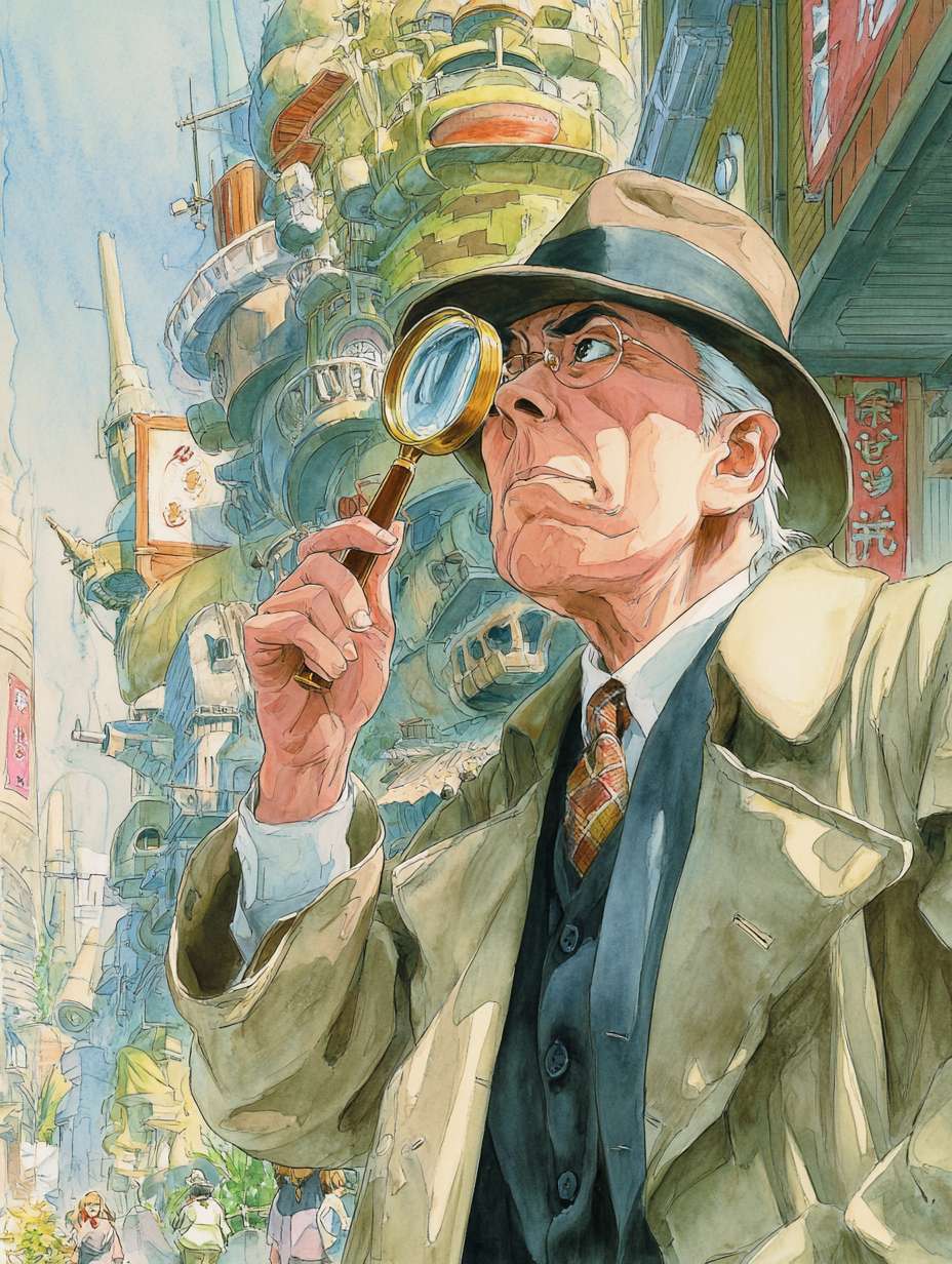 福尔摩斯在户外拿着放大镜 吉卜力风格 宫崎骏画风 --ar 3:4 --v 7 --stylize 100 --fast --no 水印