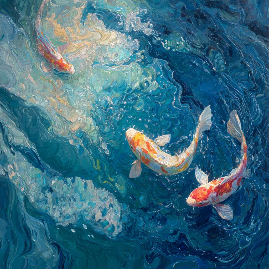Dreamlike blue water with fractured light in rainbow hues, koi gliding through dynamic waves, expressive brushwork capturing fluid grace, abstract. --ar 1:1 --v 7 --stylize 100 --fast