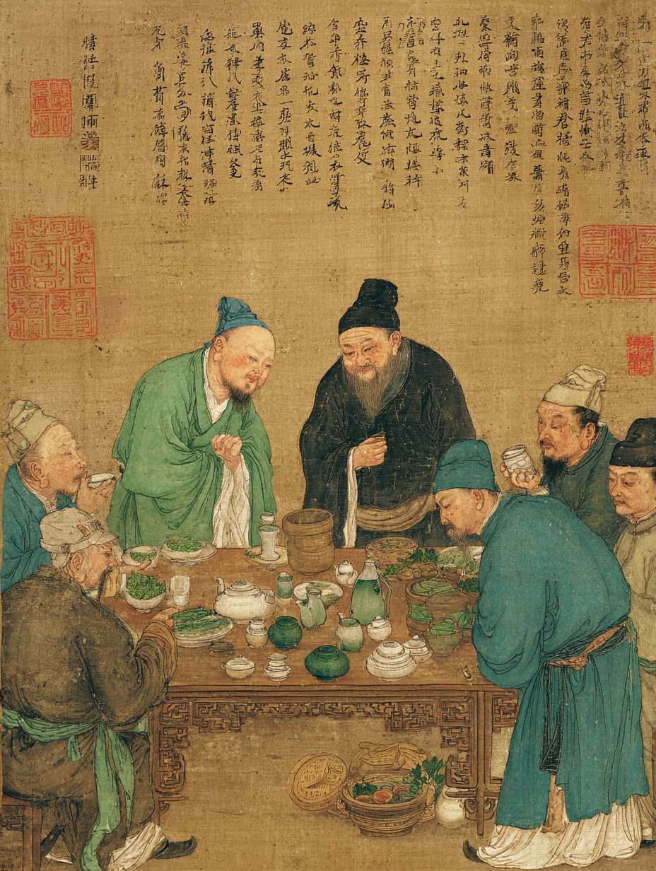 宋代茶馆内客人因饮水问题不适场景，客人腹痛表情，郎中诊治，茶馆老板愧疚赔罪，茶具和水源特写，中国传统医学元素，青绿色调 --ar 3:4 --v 7 --stylize 100 --fast --no 水印
