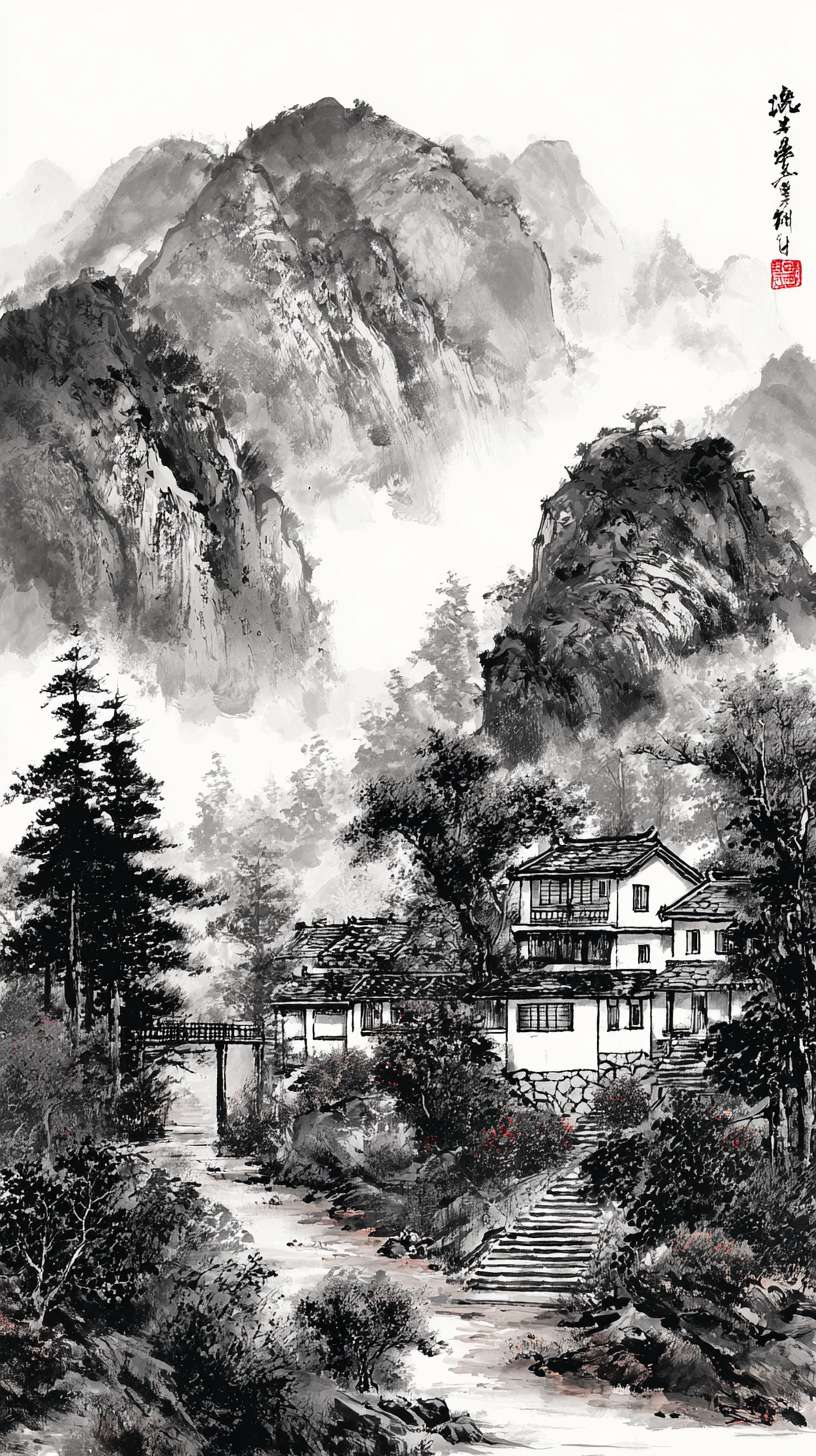 给我一张新手村，黑白水墨风，游戏背景，不需要文字 --ar 9:16 --v 7 --stylize 100 --fast --no 水印