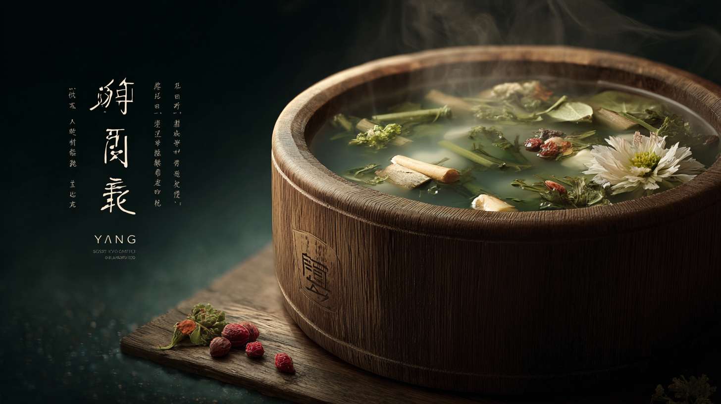地铁广告，背景是高木桶和药材，风格高级吸引人住眼球，具有美感，传统养生、专业舒适感的地铁广告。 一个巨大的、质感十足的高木桶占据视觉中心，桶内热水清澈，漂浮着几味清晰可见的中药材（如枸杞、艾草），热气袅袅升起。旁边文案是“友颐 泡脚就要高木桶”， --ar 16:9 --v 7 --stylize 100 --fast --no 水印