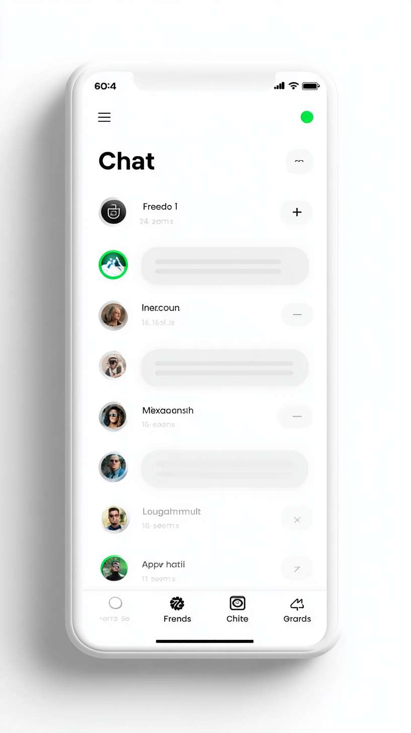 Mobile app chat list homepage, minimalist flat style, white top navigation bar (56px height), left small app icon, center "Chat" title (18px black bold), right "+" button (24px black), middle scrollable chat list (light gray #F5F5F5 background), single chat item (white background, 72px height, left circular avatar (48px), right nickname (16px black) + latest message (14px gray, single-line ellipsis)), bottom tab bar (white background, 3 tabs: Chat (blue active icon), Friends (gray icon), Profile (gray icon)), main color #2196F3, clear hierarchy --ar 9:16 --v 7 --stylize 100 --fast
