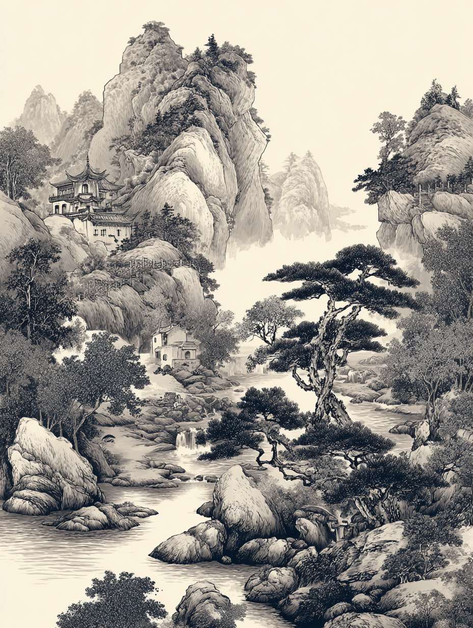 山水背景图 --ar 3:4 --v 7 --stylize 100 --fast --no 水印