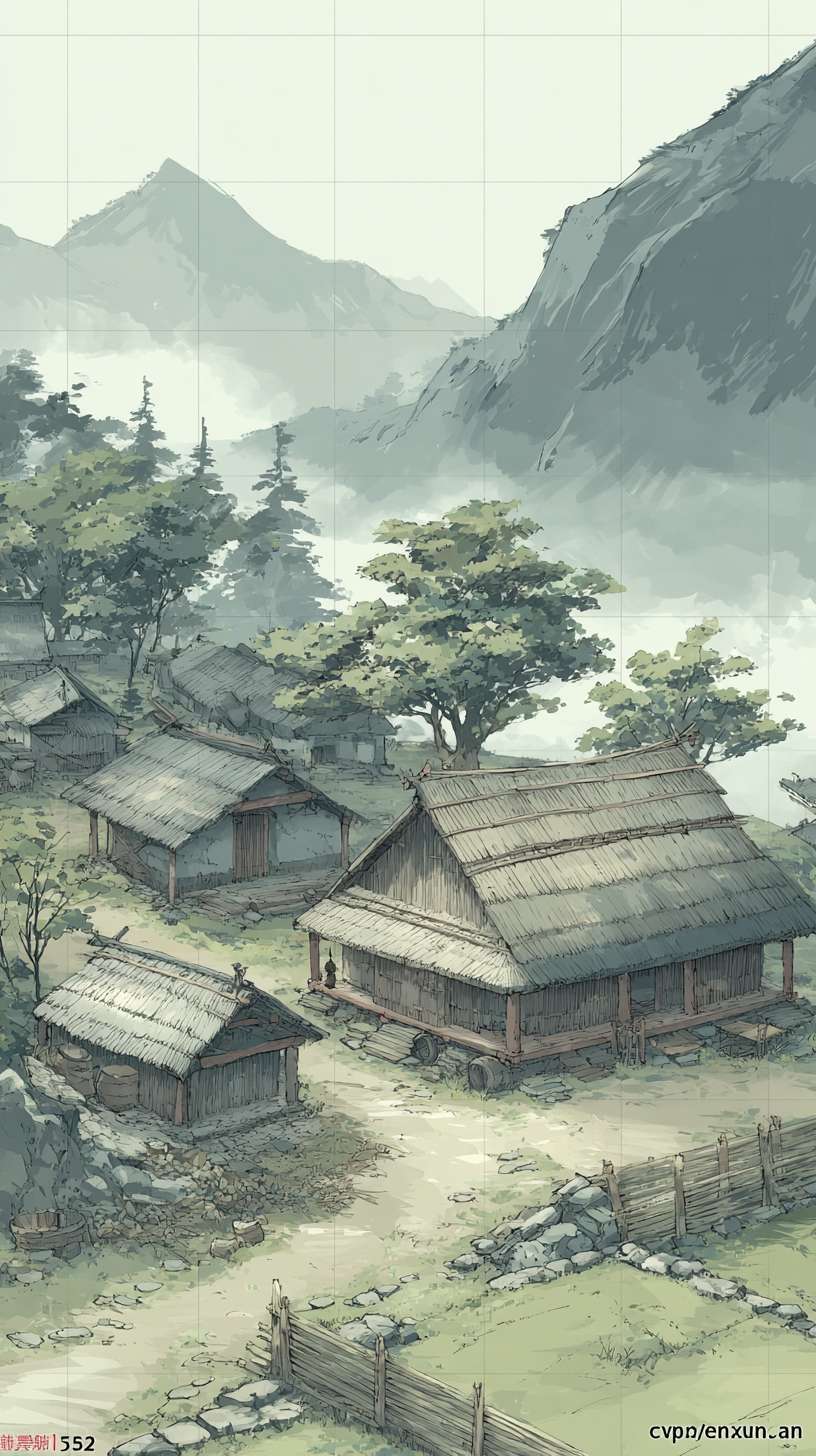 新手村
750x1334px
构图:竖版全景,下方 2/3 为村落(3-4 间茅屋、竹篱笆、石板路),上方 1/3 为远山(层峦叠嶂)核心元素:- 茅屋:稻草屋顶(焦墨点画)、竹木结构(淡墨线条)- 炊烟:淡墨留白,呈 “S” 形飘散- 点缀:村口老槐树(浓墨枝干、淡墨树叶)、田埂小路
主色调:灰蓝色(R150-170, G160-180, B180-200)辅助色:- 屋顶稻草:暖灰色(R160-170, G150-160, B130-140)- 树叶:淡绿色(R140-150, G160-170, B130-140)统一适配:灰蓝色与其他场景主色调明度对齐(保持 30%-85% 区间)
1. 炊烟用 “淡墨晕染 + 留白” 技法,与竹林的薄雾笔触一致2. 茅屋线条粗细与武馆的木架线条保持统一3. 远山墨色层次与山间小路的云海层次一致 --ar 9:16 --v 7 --stylize 100 --fast --no 水印