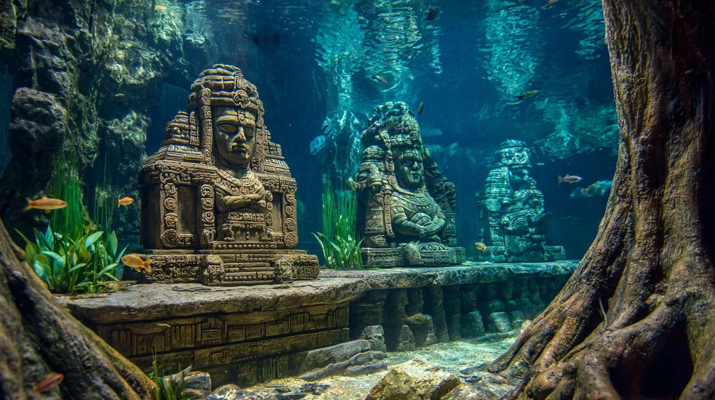 海底造景，玛雅神像，玛雅建筑，榕树根，场景造型，鱼缸内， --ar 16:9 --v 7 --stylize 100 --fast --no 水印