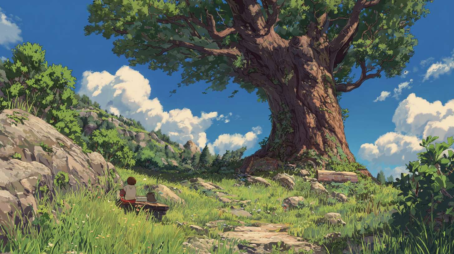 小区内的绿荫，有一颗大树动画片风格 --ar 16:9 --v 7 --stylize 100 --fast --no 水印