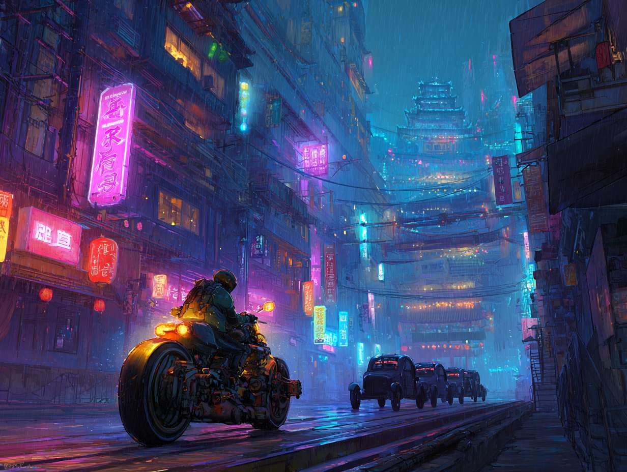 《哪吒重生》赛博朋克风，科幻炫酷的街道，全景，主人公驾驶摩托车在街道行驶在雨夜的城市，霓虹灯光在湿漉漉的街道上折射出扭曲的倒影。李云祥骑着他改装的霓虹摩托在狭窄的巷道中疾驰，身后跟着几辆黑色轿车。建筑风格融合了东方传统寺庙和未来科技元素，街道两旁有许多管道和机械装置。 --ar 4:3 --v 7 --stylize 100 --fast --no 水印