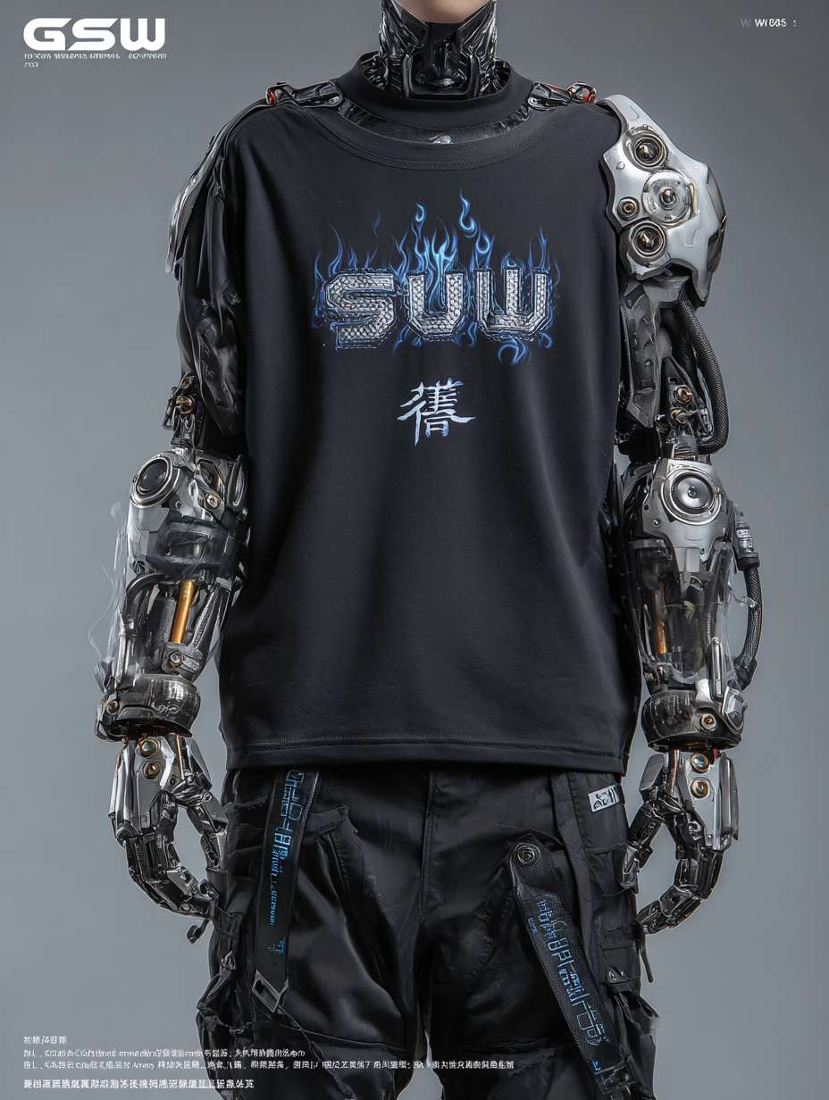 上身设计：内搭黑色紧身速干衣，衣料上印有暗纹火焰图案（仅在强光下可见）。外覆银色分段式机械战甲，肩部装甲呈三角形，边缘有锯齿状设计。胸口是圆形能量核心，外层包裹透明合金罩，内部蓝色火焰状能量随呼吸起伏，核心下方印有 “云祥” 二字（手写体，体现自我身份认同）。双臂为可变形机械臂，平时收缩为黑色皮质护臂形态（印有赛车涂鸦），战斗时展开为银色机械结构，手掌心有凹槽，可凝聚火焰能量。
下身设计：穿着黑色工装裤，裤腿侧边有拉链口袋（用于放置机械零件与应急工具），膝盖处装有黑色防撞护膝，护膝表面有蓝色电路纹路。腰部系着宽版黑色皮带，左侧挂着父亲遗留的摩托钥匙（金属材质，钥匙链是小型火焰吊坠），右侧挂着战术匕首（刀柄缠绕红色皮质绳，模拟混天绫质感）。脚部为黑色高帮机械战靴，靴底有防滑纹路，鞋跟处装有小型推进装置（战斗时可辅助跳跃），靴筒外侧印有蓝色火焰标识。绘制一个人物全身图 --ar 3:4 --v 7 --stylize 100 --fast --no 水印