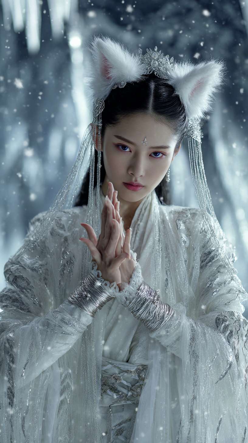 8K high - definition cinematic realism with Tsui Hark's fantastical camera techniques. The 45 - degree tilted shot focuses on a vixen - eared beauty in white绡纱 high - waisted ruqun. Her semi - transparent feather silk outer robe billows in artificial wind, revealing hidden silver - thread nine - tailed fox patterns under sidelight. Silver - gray furred fox ears contrast with pearl tassels framing her face, their pinkish tips adding subtle warmth. Her ice - blue demonic eyes feature Tsui Hark's signature iris diffusion effect, with crystalline silver filigree extending from the corners. She floats in a glacier cave, forming mudras with ice - blue demonic energy coiling around her silver bracelets in particle特效. Background ice crystals refract prism light, while falling snowflakes in 0.3x speed close - up add texture. Dynamic blur on fabric folds enhances ethereality. The color palette combines moonlight white and polar blue, with gold foil particles creating Tsui Hark's signature blend of celestial and demonic aesthetics under cold light. --ar 9:16 --v 7 --stylize 100 --fast --no 水印