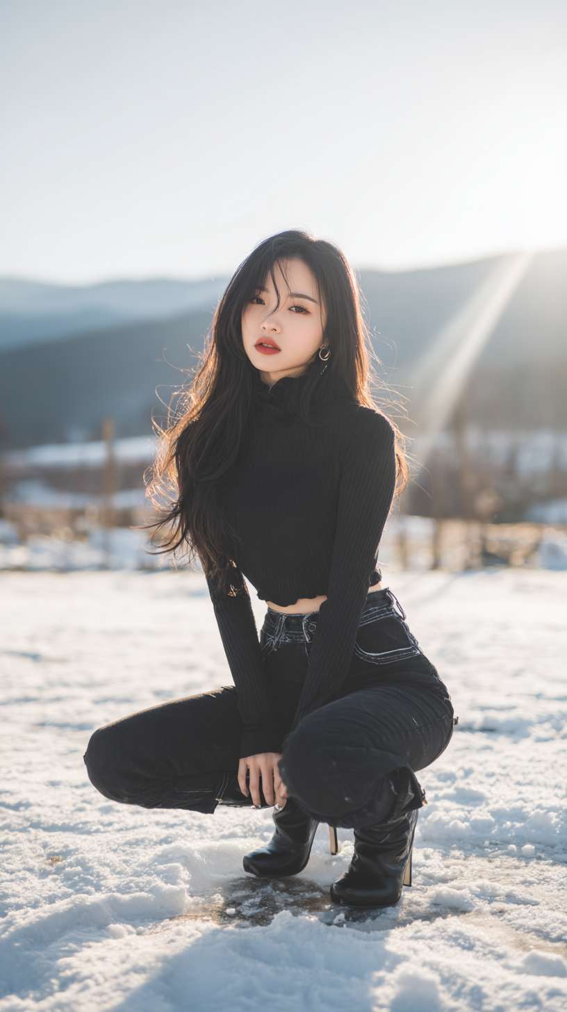 1个女孩，长发，黑发，短牛仔裤，长腿，高跟鞋，冬天，雪，雪地，雪山，光线 --ar 9:16 --v 7 --stylize 100 --fast --no 水印,水印,水印