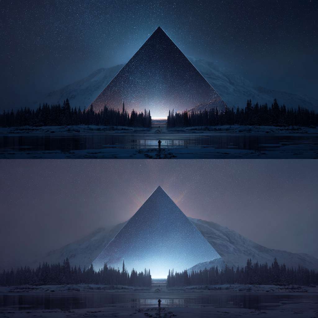 两个等腰三角形在下面，一个等腰三角形在上面，组成一个新的等腰三角形 --ar 1:1 --v 7 --stylize 100 --fast --no 水印