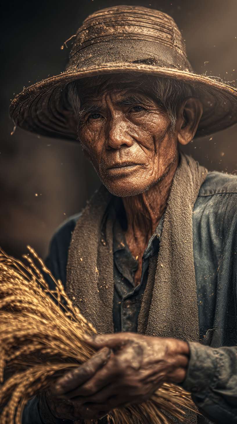 8K hyperrealistic portrait photography of an elderly Eastern farmer inspired by Yuan Longping's iconic image. Weathered bronze skin bears deep terraced - field creases, his gaze fixed on distant rice paddies. Wearing a faded indigo cotton shirt with麻衣 texture, a sweat - soaked towel draped around his neck, his right hand plunges into golden rice stalks, grains cascading through his fingers. The background features undulating golden fields, dewdrops glistening under morning light. Shot in sidelight, dramatic chiaroscuro highlights wrinkles and perspiration. The brim of his straw hat casts natural shadows, emphasizing his focused expression. Dynamic blur captures falling grains, close - ups of calloused hands adding authenticity. The warm sepia tone palette evokes the historical gravitas of agrarian culture. --ar 9:16 --v 7 --stylize 100 --fast --no 水印