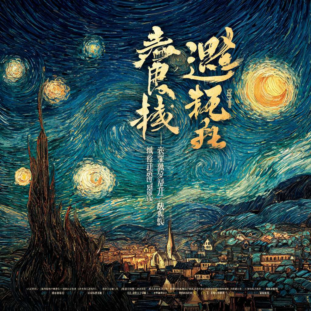 你是一位现代艺术家，笔触特点是生动富有情感张力，现在请临摹一张梵高的《星月夜》。在原作的基础上添加一些自己的风格，带有些微的怪诞感。加入克苏鲁神话的一些要素，更加凸显出对未知的恐惧感。 --ar 1:1 --v 7 --stylize 100 --fast --no 水印