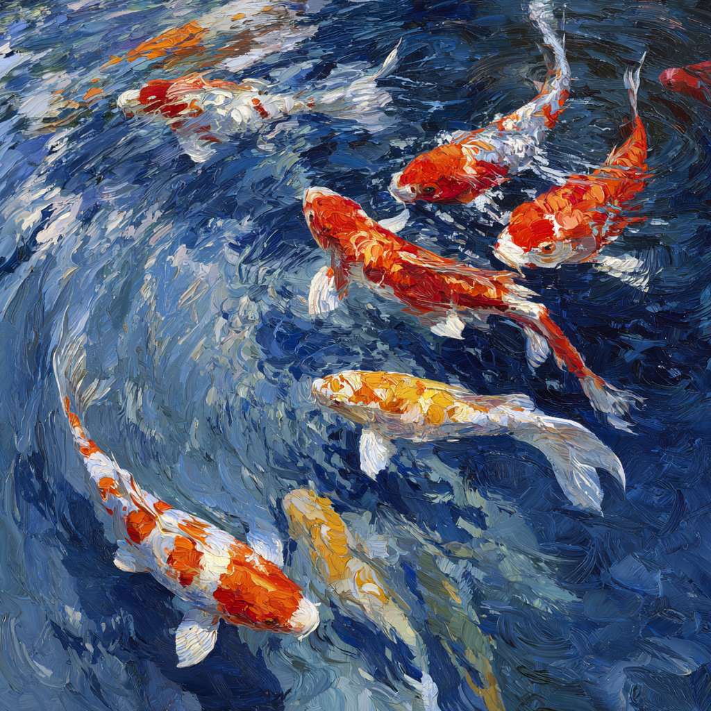 Dreamlike blue water with fractured light and agile koi, expressive brushwork capturing water’s flow and fish’s vitality, oil. --ar 1:1 --v 7 --stylize 100 --fast