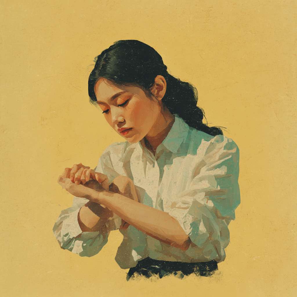 A picture of an Asian person peacefully slapping their cubital fossa --ar 1:1 --v 7 --stylize 100 --fast