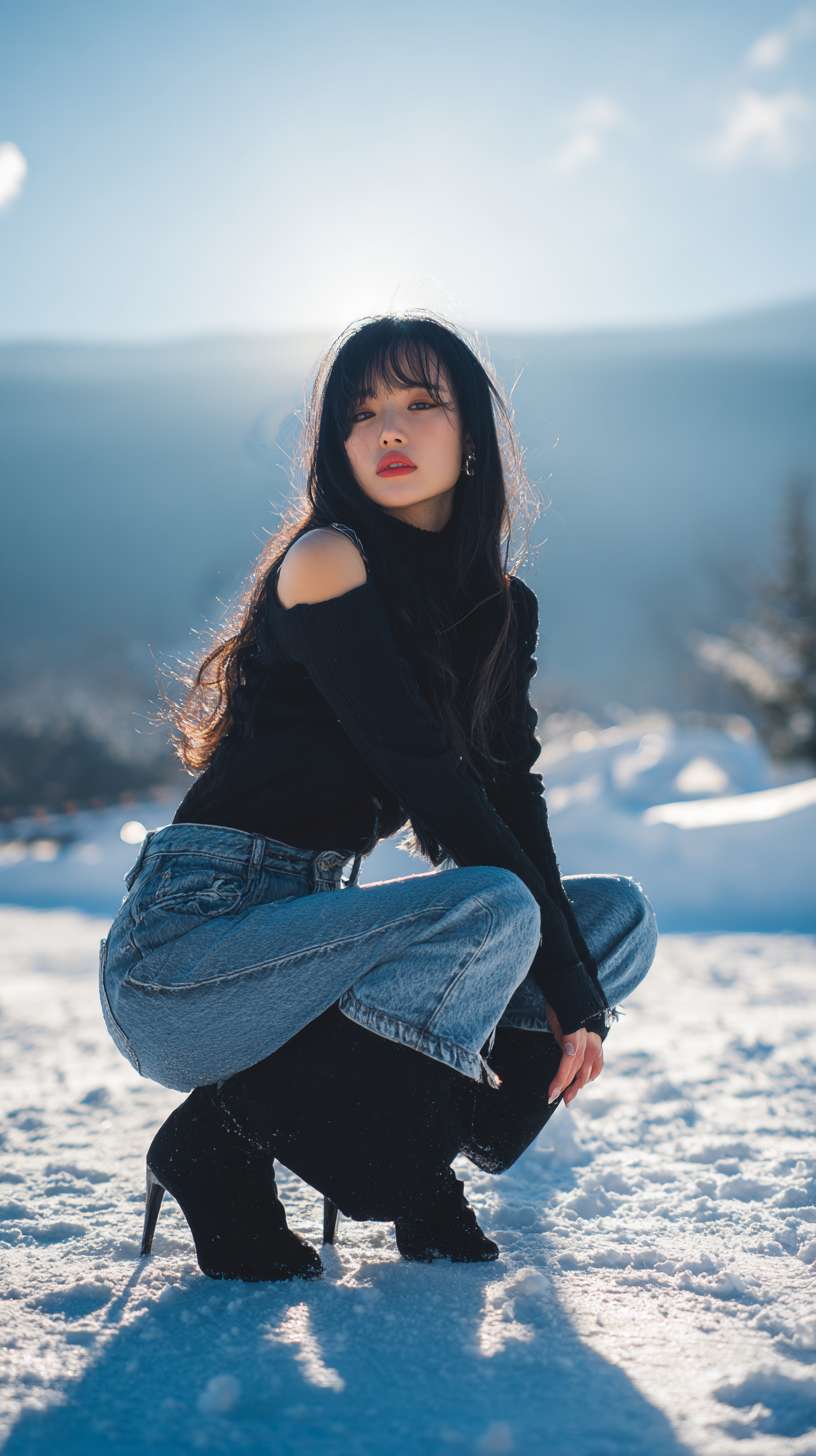 1个女孩，长发，黑发，短牛仔裤，长腿，高跟鞋，冬天，雪，雪地，雪山，光线 --ar 9:16 --v 7 --stylize 100 --fast --no 水印,水印